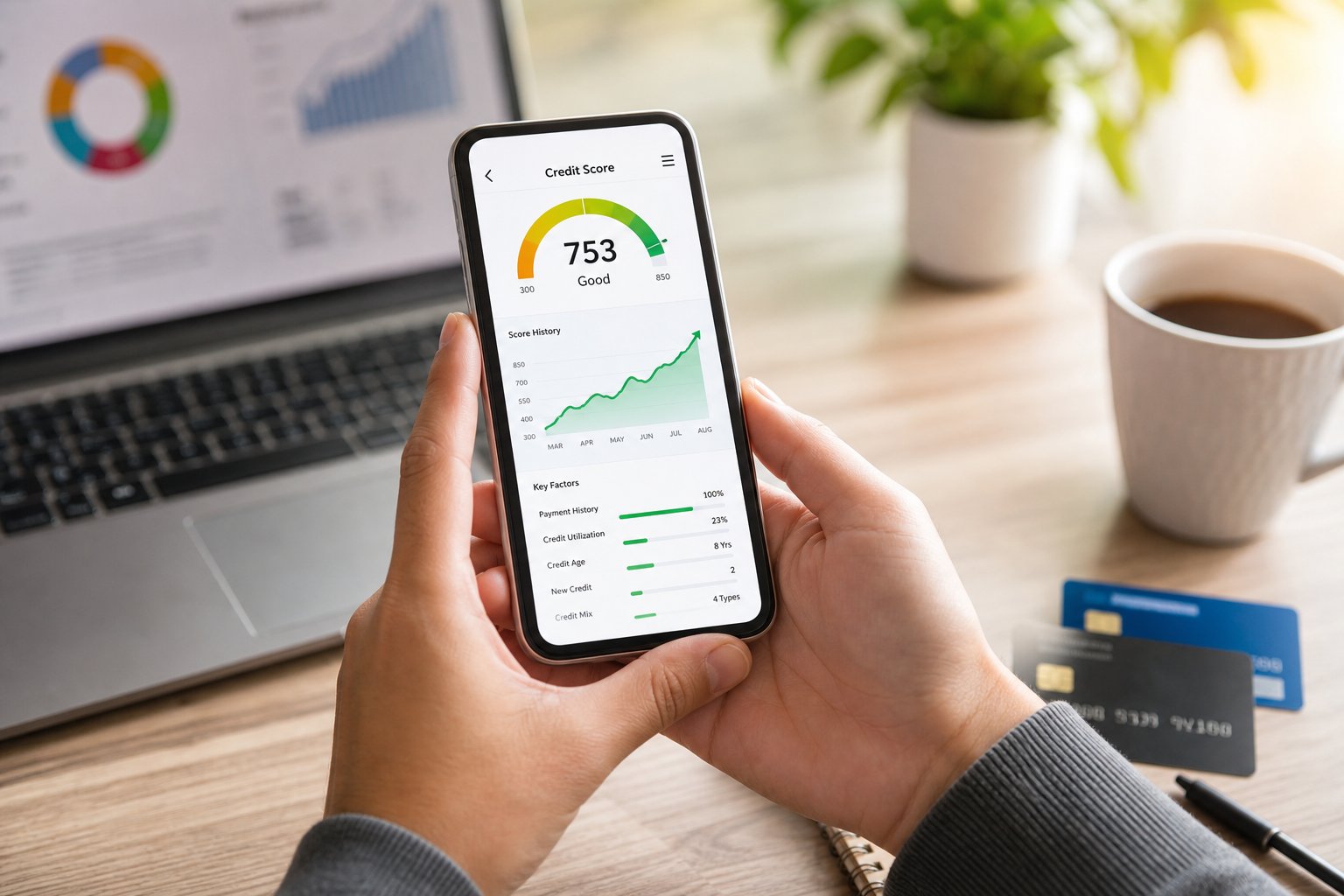 Person checking a rising credit score on a smartphone