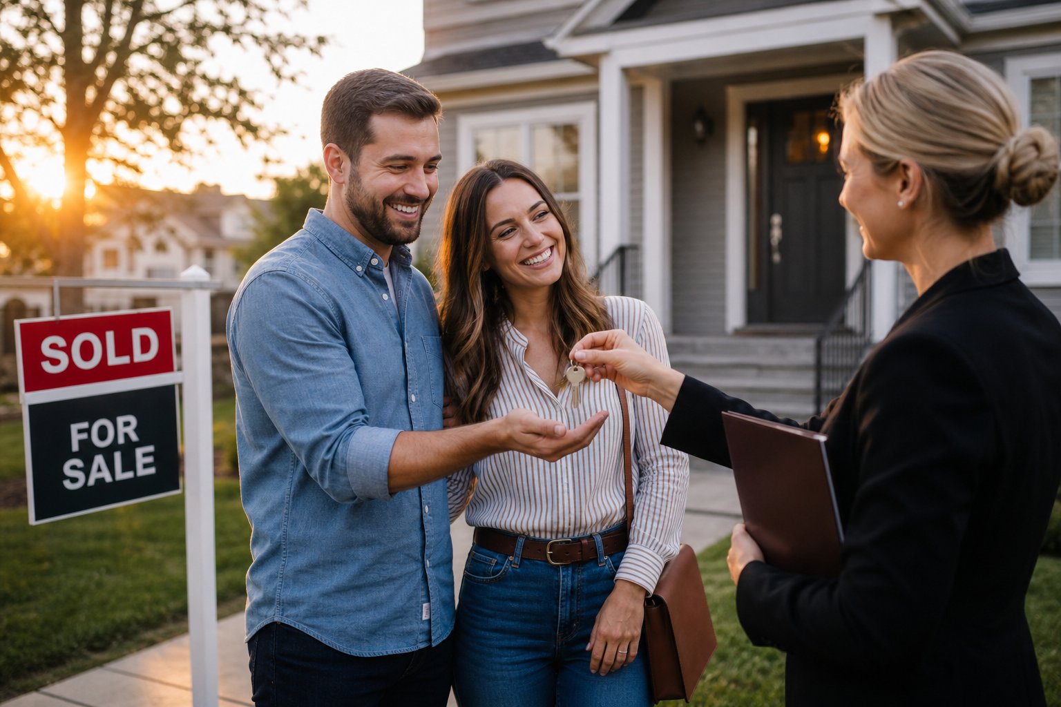 Couple receiving house keys in front of their new home